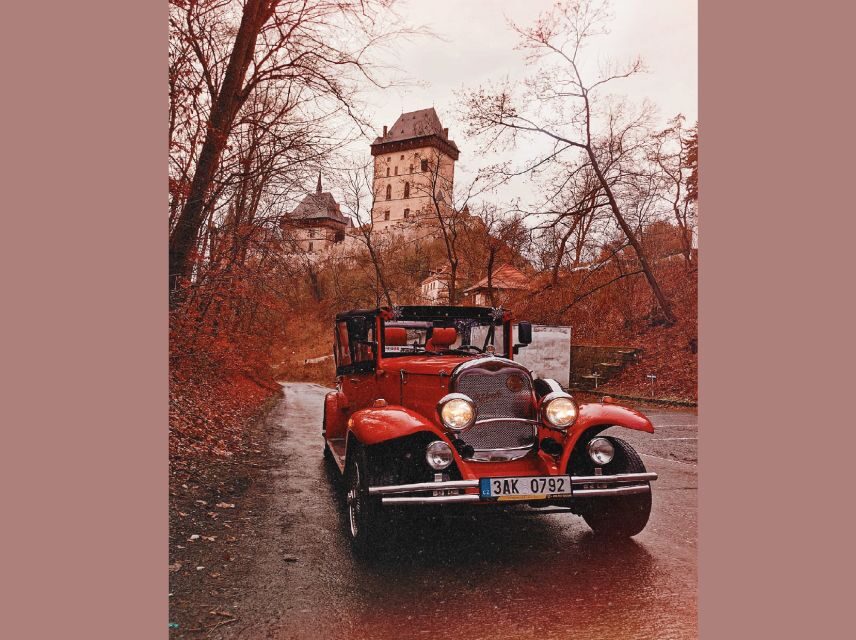 Prague: Fairytale Karlstejn Castle in Retro-Style Car - Crown jewel replicas you can actually see up close
