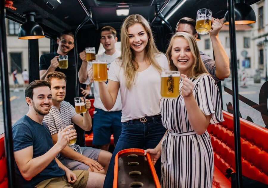 Prague: Party Beer Bus - The flow of the experience: a highlight run with staged moments